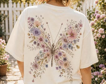 Floral Butterfly Comfort Color Shirt, Boho Wildflower Graphic Tee, Cottagecore Botanical Top, Nature Lover Apparel, Spring Garden Gift
