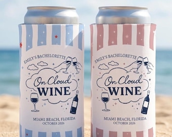 Custom On Cloud Wine Bachelorette Can Cooler, Personalized Bach Beach Party Favor, Can Sleeve for Bride Tribe, Coastal Wine Cooler Gift