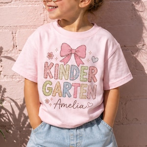 Custom Kindergarten Shirt, Girls Back To School, Personalized Name Tee, Patchwork Grade Top, First Day Of School, Pink Bow School Outfit