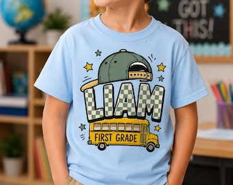 Custom School Bus Shirt, Boys Back To School, Personalized Name Tee, First Grade Boy Outfit, Checkerboard Name Top, First Day Of School