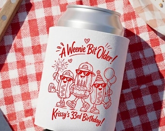 Custom A Weenie Bit Older Birthday Can Cooler, Personalized Hot Dog Party Favor, Funny Milestone Beer Hugger Men Women, Retro Picnic Decor