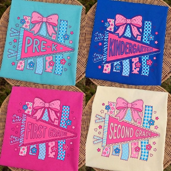 Custom Back to School Shirt, Girls First Day Tee, Coquette School Top, Pre K Kindergarten Shirt, Pink Bow Pennant Tee, Youth Grade Top