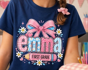 Custom School Shirt, First Day Of School, Personalized Name Tee, Coquette Bow Top, Toddler Girl Outfit, First Grade Girl, Custom Name Shirt