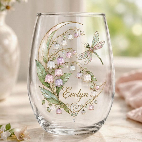Lily of the Valley & Dragonfly Wine Glass, Custom Name Stemless Cup, Personalized Fairycore Gift, Faux Stained Glass Flat Print Cup, Garden