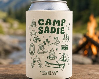 Custom Camp Can Cooler, Bachelorette Party Favor, Girls Trip Can Sleeve, Glamping Weekend Gift, Personalized Camping Drink Sleeve