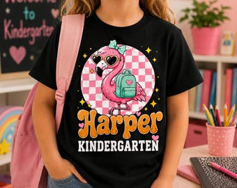 Custom School Shirt, Personalized Flamingo Tee, Back To School Girl Top, Retro Kindergarten Shirt, First Day Of School, Custom Name Outfit