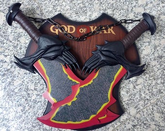 Real Metal Chaos Blade Sword,One Set of Two Bades of Chaos with Display Plaque,Artistic Decorative Item.