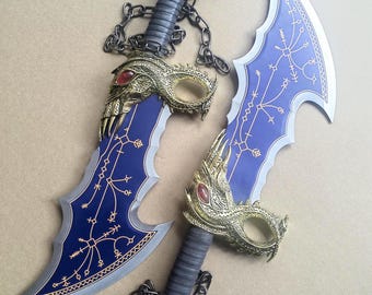 Replica Props Kratos Chaos Blade Sword,One Set of Two Bades of Chaos with Display Plaque,Artistic Decorative Item.