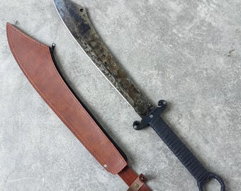 Full Tang,Handmade cast Manganese Steel 52HRC Machete,Leather Sheath,Artistic Decorative Item.