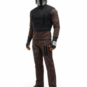 May include: A full-body costume featuring a silver helmet, brown long-sleeve shirt, black vest, brown pants, and gloves. The costume has white stitching and black accents. The boots are dark brown.