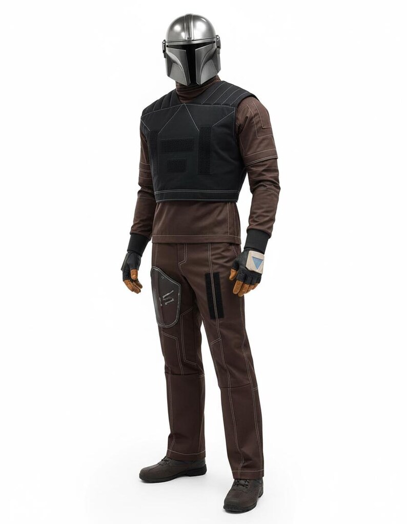 May include: A full-body costume featuring a silver helmet, brown long-sleeve shirt, black vest, brown pants, and gloves. The costume has white stitching and black accents. The boots are dark brown.