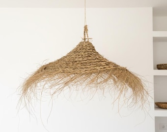 Boho Pendant Light with Natural Fringe | Handmade Braided Plant Fiber Chandelier | Boho Chic Frayed Straw Light Fixture