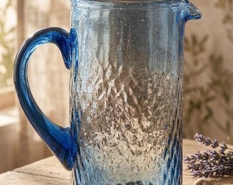 Brocca in vetro soffiato a mano | Caraffa a bolle realizzata a mano | Blu Mediterraneo | Vetro tunisino | Decorazione da tavola boho