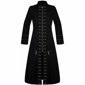 May include: A long, black coat with a high collar and a series of metal clasps down the front. The coat features long sleeves with metal stud details on the cuffs. The design has a gothic or steampunk aesthetic.