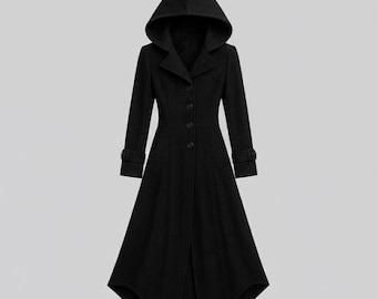 Gothic Black Wool Hooded Coat, Victorian Steampunk Long Trench, Witchy Winter Jacket, Vampire Cosplay Overcoat.