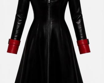 Women’s Gothic Vampire Trench Coat | Black & Red Faux Leather Long Jacket | Victorian Steampunk Cosplay
