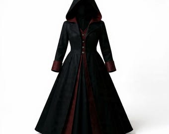 Handgemaakte gotische wollen jas, Victoriaanse steampunk-damesjas, middeleeuwse geul met capuchon, tweekleurige Witchy-winterjas