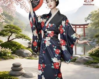 Floral Japanese Kimono Robe, Evening Wear, Cosplay Outfit, Dark Fashion