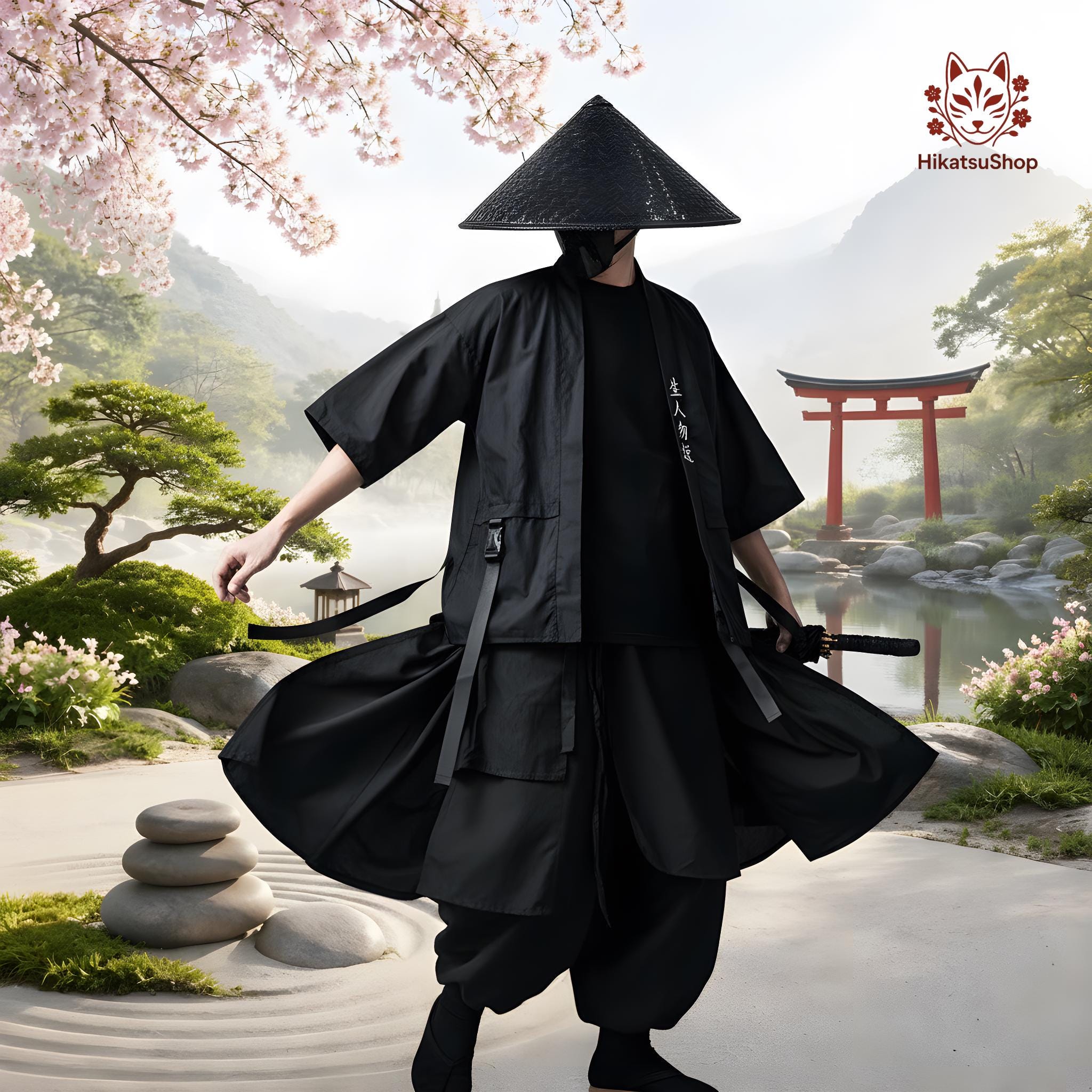 Roen 狼煙 KIMONO SUITS 上下セットアップ HYDE着 ♂Ｌ　黒 Japanese Kimono, Black Haori Cardigan, Samurai Cosplay, Ninja