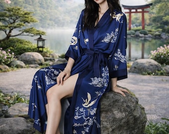 Navy Satin Kimono Robe - Vintage Chinese Loungewear, Bridal Robe