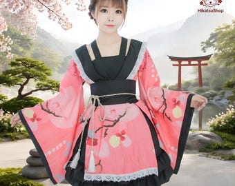 Roze/witte Sakura-kimonovrouwen, haori-gewaad, zwarte yukata, anime-cosplaykostuum