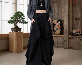 Zwarte samoeraihakamabroek, genderloze harajuku-streetwear, onregelmatige wijde broek, Y2k gothic-broek