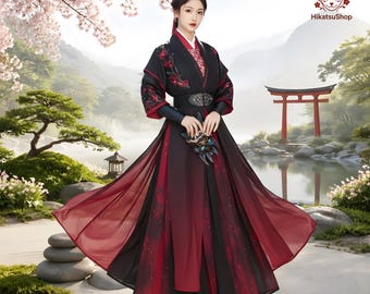 Song Dynasty Hanfu, Black Red Embroidered Robe, Men Women Cosplay Costume