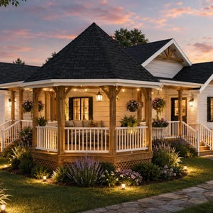May include: A white house with a dark shingled roof and a central wooden gazebo porch featuring white railings. The exterior includes black-framed windows, warm hanging lights, and a stone walkway surrounded by lush green landscaping and flowers.