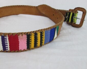 Vintage Leather Belt Woven Colorful Guatemala "Cornucopia" 27"-32"