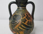 Vintage Native American Hand Painted Double Handled Jug Vase Pottery Owl Black