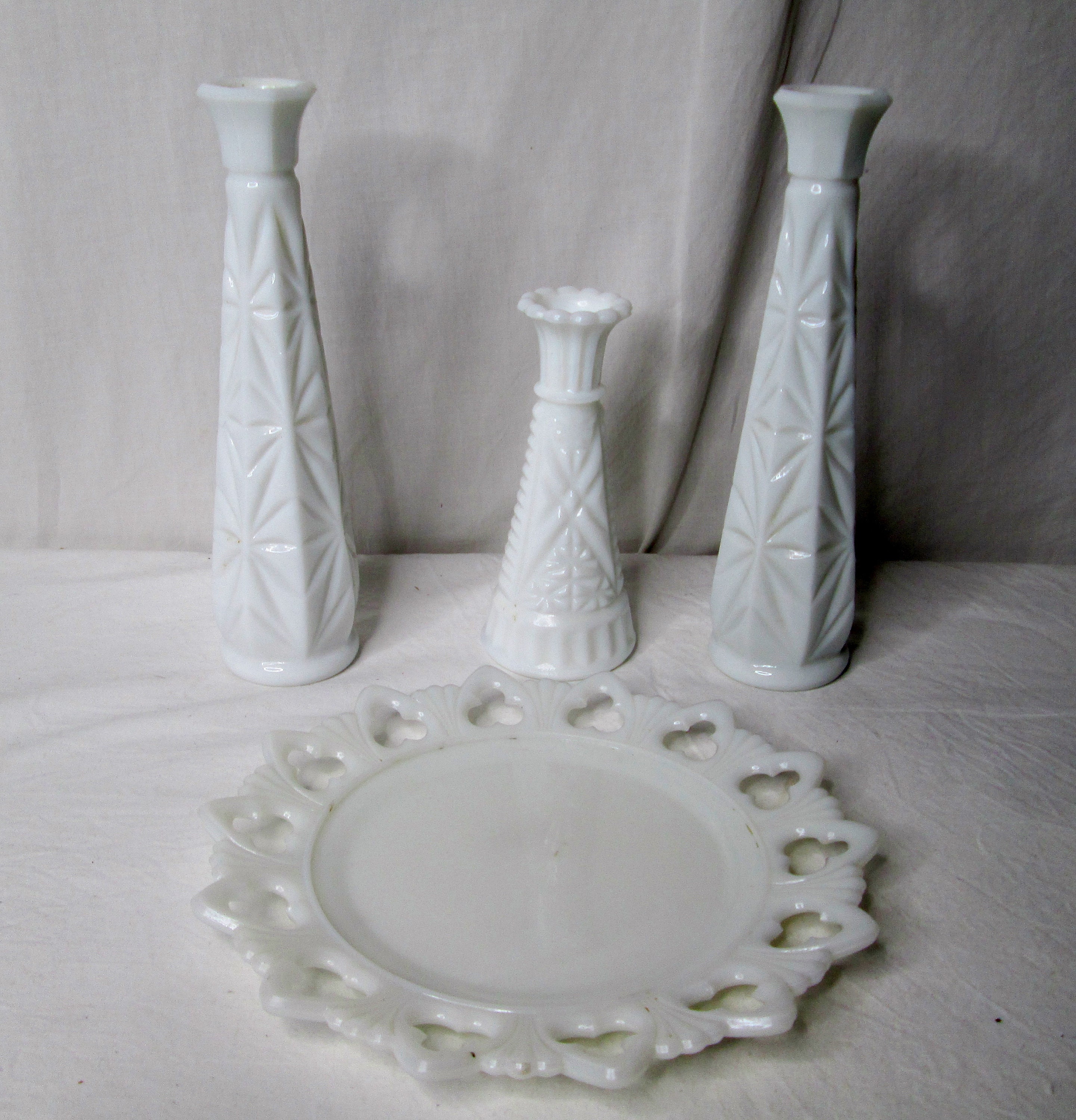 White Milk Glass Lot 3 Vases Plate Wedding Decor Etsy