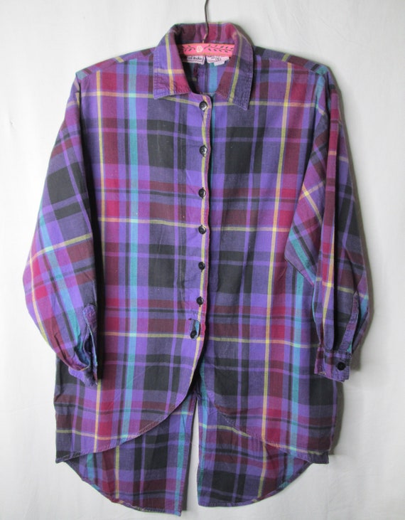 Star of India 1970s Blouse Long Small Purple Plaid