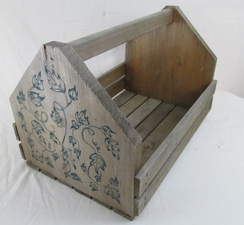 Wooden Crate Carrying Handle Leaves Print Berries Garden Fruit Storage Farm Container Display