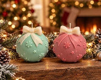 Handmade Christmas Bauble Candle with Bow, Pastel Xmas Home Decor, 3D Ornament Sculptural Candle, Festive Holiday Secret Santa Gift Box