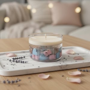 Peut inclure: Un bougeoir en verre transparent avec une cire crémeuse et une mèche. Le bougeoir contient des éléments décoratifs bleus et roses. L'étiquette indique "Flarielle Sweetheart Candle Soy Wax Candle". Le bougeoir est posé sur un plateau en marbre blanc.