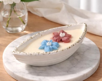 Jesmonite Boat Candle with 3D Wax Orchid Flowers | Handmade Luxury Home Decor Candle