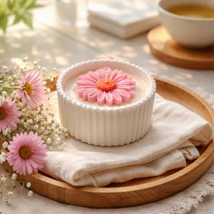 Puede incluir: Un portavelas de cerámica blanca estriada con una vela en forma de margarita rosa. La vela se encuentra sobre una servilleta de lino blanco dentro de una bandeja de madera. Una taza de té y flores están en el fondo.