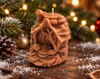 Handgemaakte sprookjesachtige cottage kaars, cottagecore woondecoratie, 3D-kaars in de vorm van een sprookjeshuis, gezellige herfstcadeauverpakking