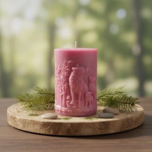 Puede incluir: Una vela de pilar rosa con un diseño tallado de familia de lobos. La vela presenta un relieve detallado de un lobo, un cachorro y follaje. Se encuentra sobre una rodaja de madera con pequeñas piedras y vegetación.