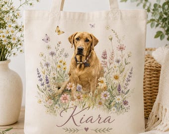 Custom Dog Tote Bag with Wild Flower Design, Personalized Pet Portrait
