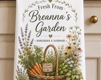 Custom Tea Towel with Personalized Name, Floral Kitchen for Garden Lovers