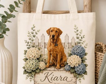 Custom Dog Tote Bag with Personalized Pet Portrait and Floral Design
