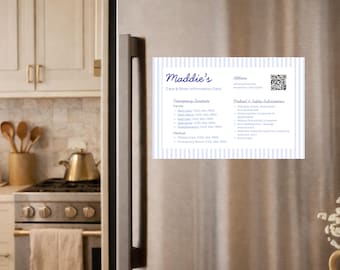 May include: A rectangular care and sitter information card with a light blue and white vertical striped border. The card features the text Maddie's Care & Sitter Information Card, sections for emergency contacts, medical information, and a QR code.