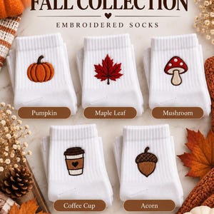 Embroidered Sock, Fall Ankle With Pumpkin, Leaf, Mushroom, Coffee or Acorn Designs