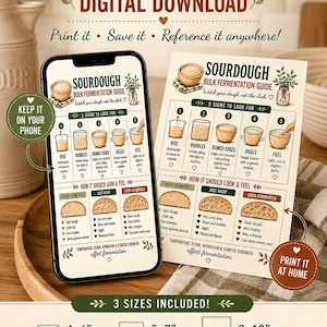 May include: A digital sourdough bulk fermentation guide displayed on a smartphone and a printed card. The guide features five signs to look for, including rise, bubbles, domed edges, jiggle, and feel, alongside illustrations of dough fermentation stages.