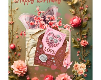 Happy Birthday card for her – A6 and 5x7 Vintage floral love design - Printable romantic greeting card