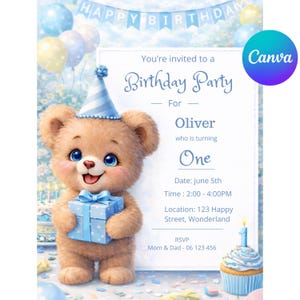 Op de afbeelding: Een verjaardagsuitnodiging met een cartoon teddybeer met een feesthoedje en een blauw cadeau. De uitnodigingstekst luidt "Happy Birthday" en nodigt gasten uit voor Oliver's eerste verjaardagsfeest.