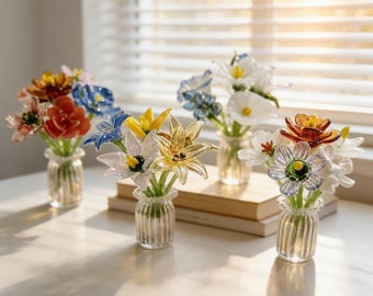 Handcrafted Glass Flower Bouquet, Mini Glass Flowers with Vase, Petite Floral Decor Ornament