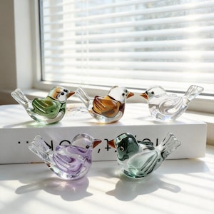 Może przedstawiać: Pięć szklanych figurek ptaków w różnych kolorach, w tym zielonym, brązowym, przezroczystym, fioletowym i morskim. Każdy ptak ma mały dziób i szczegółowe skrzydła. Figurki są wystawione na białej powierzchni w pobliżu okna.