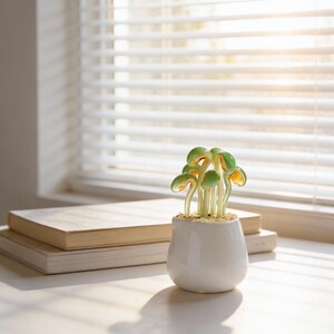 May include: A small, white ceramic pot with a cluster of glass mushrooms. The mushrooms have green caps with yellow edges and sit on a bed of small, tan pebbles. The pot is on a white surface near a window with blinds.